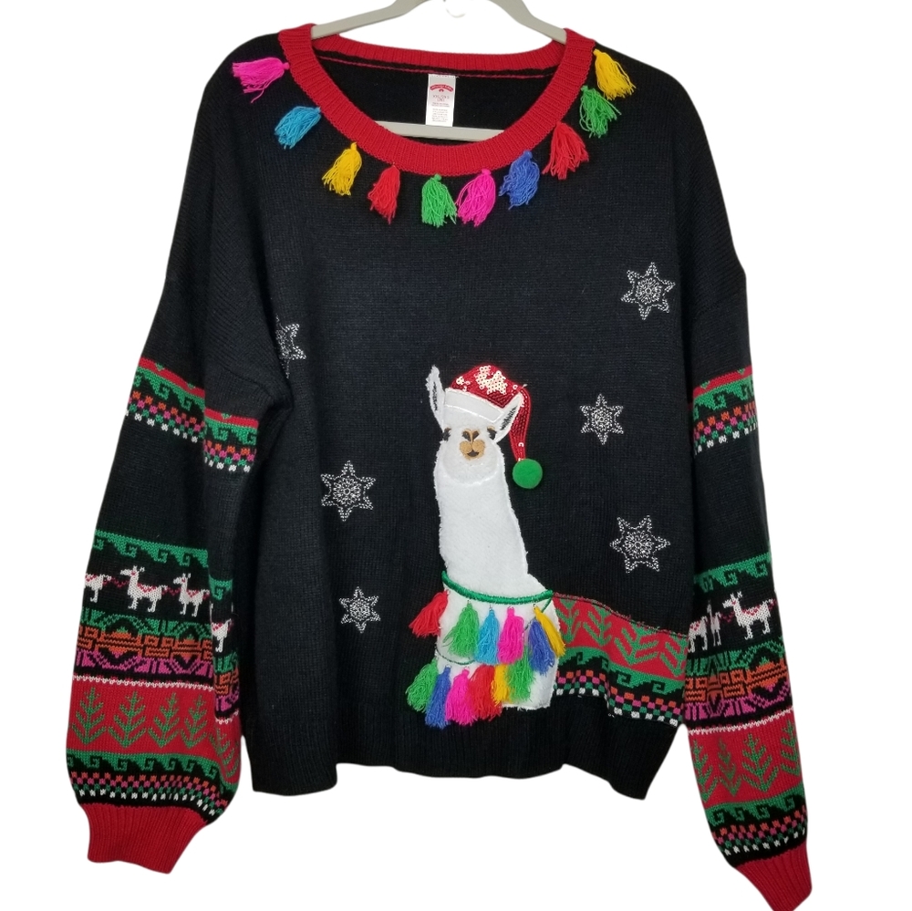 Holiday Time Women's 2XL Black Llama Beautiful Ugly Christmas Sweater